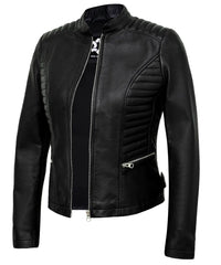 Black Women’s Cafe Racer Motorcycle Jacket – Real Lambskin Stylish Leather