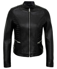 Black Women’s Cafe Racer Motorcycle Jacket – Real Lambskin Stylish Leather