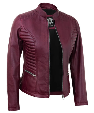 Maroon Women’s Cafe Racer Motorcycle Jacket – Real Lambskin Leather