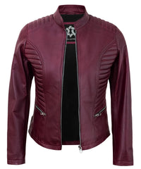 Maroon Women’s Cafe Racer Motorcycle Jacket – Real Lambskin Leather