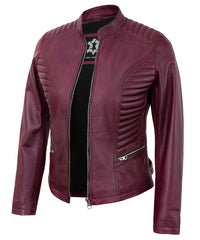 Maroon Women’s Cafe Racer Motorcycle Jacket – Real Lambskin Leather