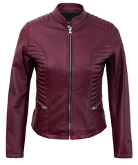 Maroon Women’s Cafe Racer Motorcycle Jacket – Real Lambskin Leather