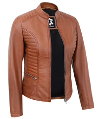 Tan Women’s Cafe Racer Motorcycle Jacket – Real Lambskin Stylish Biker