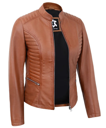Tan Women’s Cafe Racer Motorcycle Jacket – Real Lambskin Stylish Biker