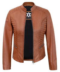 Tan Women’s Cafe Racer Motorcycle Jacket – Real Lambskin Stylish Biker